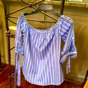 Off the shoulder women’s blue and white striped shirt